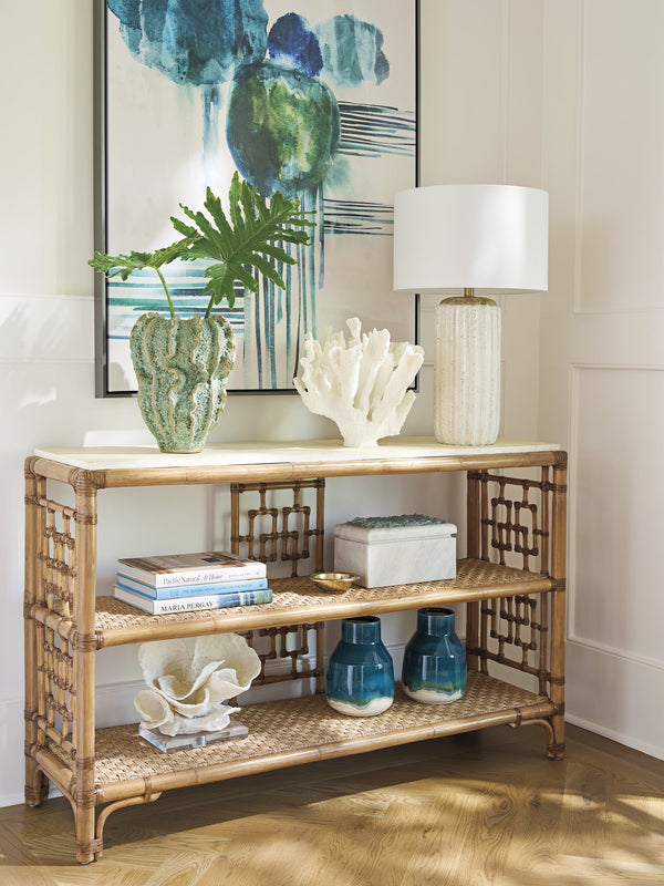 Lexington Tommy Bahama Home Sailfish Console Table – Elegant Driftwood Design With Leather-wrapped Rattan And Woven Abaca Shelves Sunwashed  579-967