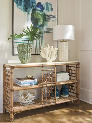 Lexington Tommy Bahama Home Sailfish Console Table – Elegant Driftwood Design With Leather-wrapped Rattan And Woven Abaca Shelves Sunwashed  579-967