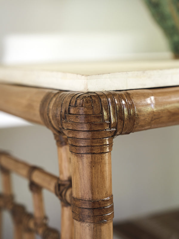 Lexington Tommy Bahama Home Sailfish Console Table – Elegant Driftwood Design With Leather-wrapped Rattan And Woven Abaca Shelves Sunwashed  579-967