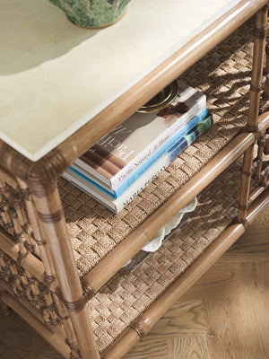 Lexington Tommy Bahama Home Sailfish Console Table – Elegant Driftwood Design With Leather-wrapped Rattan And Woven Abaca Shelves Sunwashed  579-967