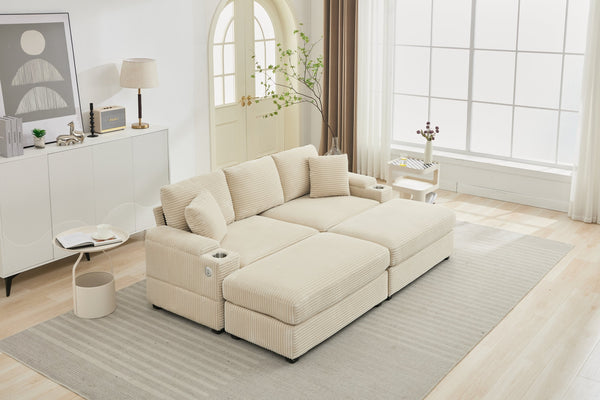 English Elm Corduroy Upholstered Chaise Lounge Sofa with Movable Ottoman, Cup Holder, Deep Seat Comfort Beige W2120S00008