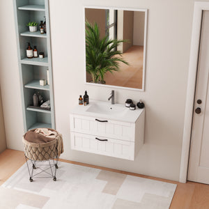 English Elm 31.5inch Floating Bathroom Cabinet with Dual Soft-Close Drawers, Large Storage, Modern Decor Line White W3151S00002