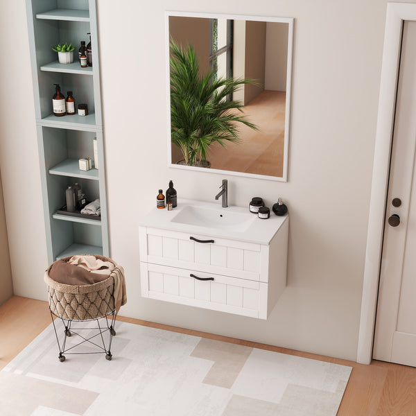English Elm 31.5inch Floating Bathroom Cabinet with Dual Soft-Close Drawers, Large Storage, Modern Decor Line White W3151S00002