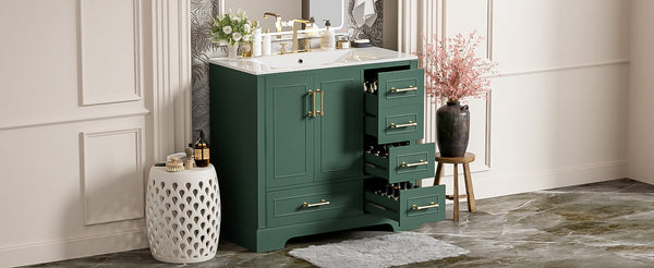 English Elm 36" Traditional Bathroom Vanity with Ceramic Sink, Solid Wood Cabinet, Soft-Close Doors & Drawers Green N729P251630F