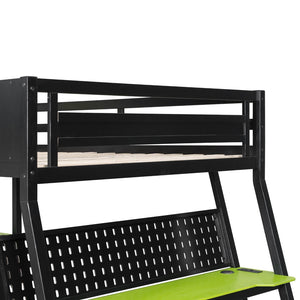 English Elm Full Size Gaming Bunk Bed with Dual Desks Usb Charging Ports and Pegboard Storage Green LT000274AAG