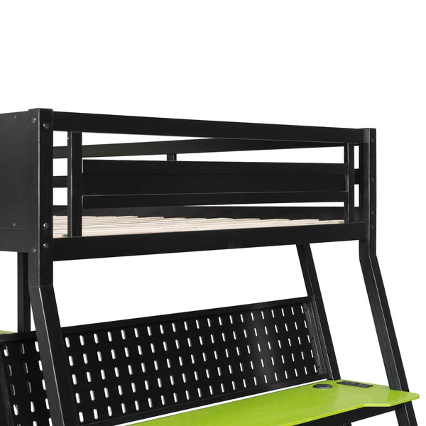 English Elm Full Size Gaming Bunk Bed with Dual Desks Usb Charging Ports and Pegboard Storage Green LT000274AAG