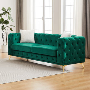 English Elm Fx Chesterfield Velvet Sofa with Diamond Tufting Polished Legs and Accent Pillows Green W1926S00081