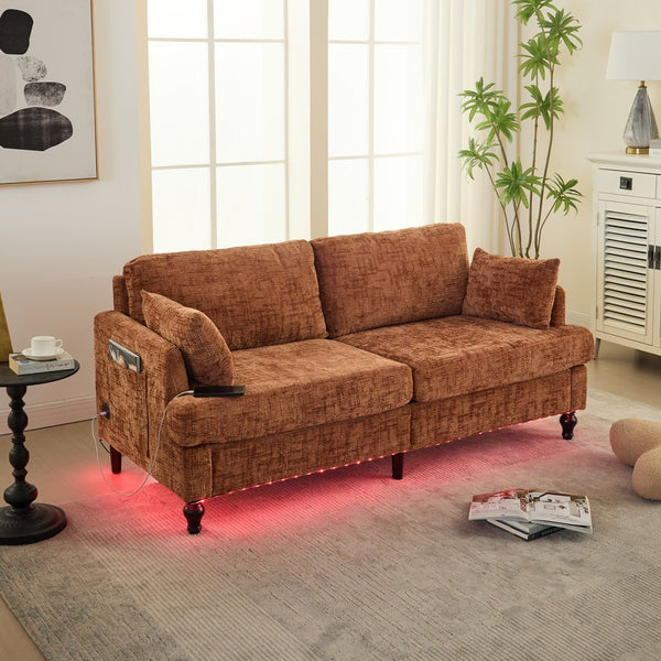 English Elm Modern chenille 2-seater sofa with LED, USB charging, storage pocket, solid wood legs, durable comfort Orange W395P318543