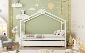 English Elm Twin House Bed Solid Pine Cottage Frame with Pull Out Trundle for Kids Bedroom White N708P309238K