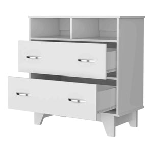 English Elm Portobelo modern two-drawer dresser with open shelves, sturdy top & four legs for stylish storage and display White 36 L x 21 W x 4 H B128S00111