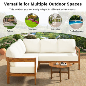English Elm U_style Acacia Wood Outdoor L Shaped Corner Sofa Set with Arc Frame and Cushions White WY000481AAA