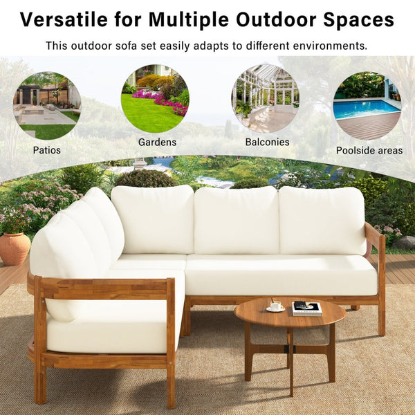 English Elm U_style Acacia Wood Outdoor L Shaped Corner Sofa Set with Arc Frame and Cushions White WY000481AAA