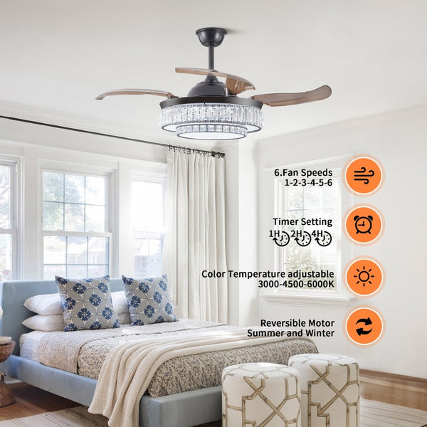 English Elm 48" Retractable Blade Crystal Led Ceiling Fan with Remote for Bedroom Dining Kitchen W2312P415980