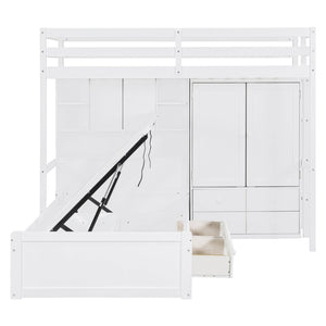 English Elm Twin Bunk Bed with Wardrobe Drawers Hydraulic Lift Shelves Kids Storage White LT000666AAK-1