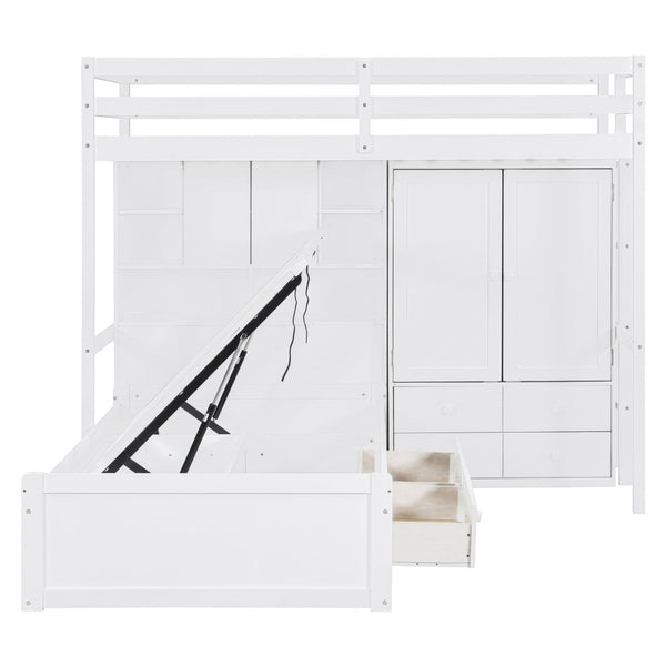 English Elm Twin Bunk Bed with Wardrobe Drawers Hydraulic Lift Shelves Kids Storage White LT000666AAK-1