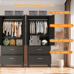 English Elm 71" Steel Wardrobe with Hanging Rod Two Drawers and Shelf for Compact Bedroom W3387P411306