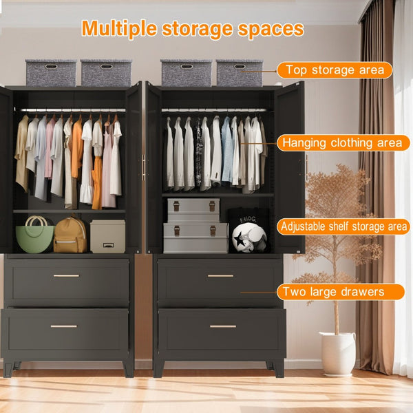 English Elm 71" Steel Wardrobe with Hanging Rod Two Drawers and Shelf for Compact Bedroom W3387P411306