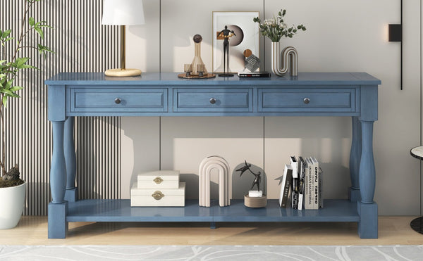 English Elm Trexm Distressed Entryway Console Table Three Drawers Open Shelf Mediterranean Wood Navy N715P372052M