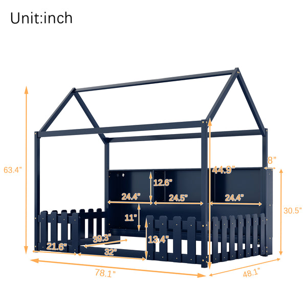 English Elm Twin House Bed with LED Light and Built-In Bookshelf, Solid Wood Playhouse Design for Kids Safety Navy Blue 78.15 L x 15.75 W x 6.1 H W2593P269090