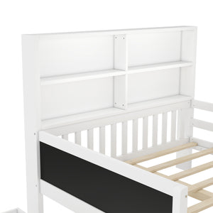 English Elm Full Solid Wood Platform Bed with Chalkboard Headboard, Storage Drawers & Shelves, Kid-Friendly White Off White W1580P362707