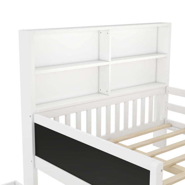English Elm Full Solid Wood Platform Bed with Chalkboard Headboard, Storage Drawers & Shelves, Kid-Friendly White Off White W1580P362707