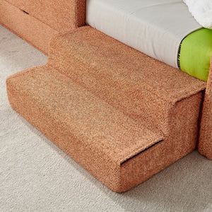 English Elm Twin Boucle Upholstered Kids Bed with Guardrails Built in Storage and Cushioned Step Stool Orange W1413P433367