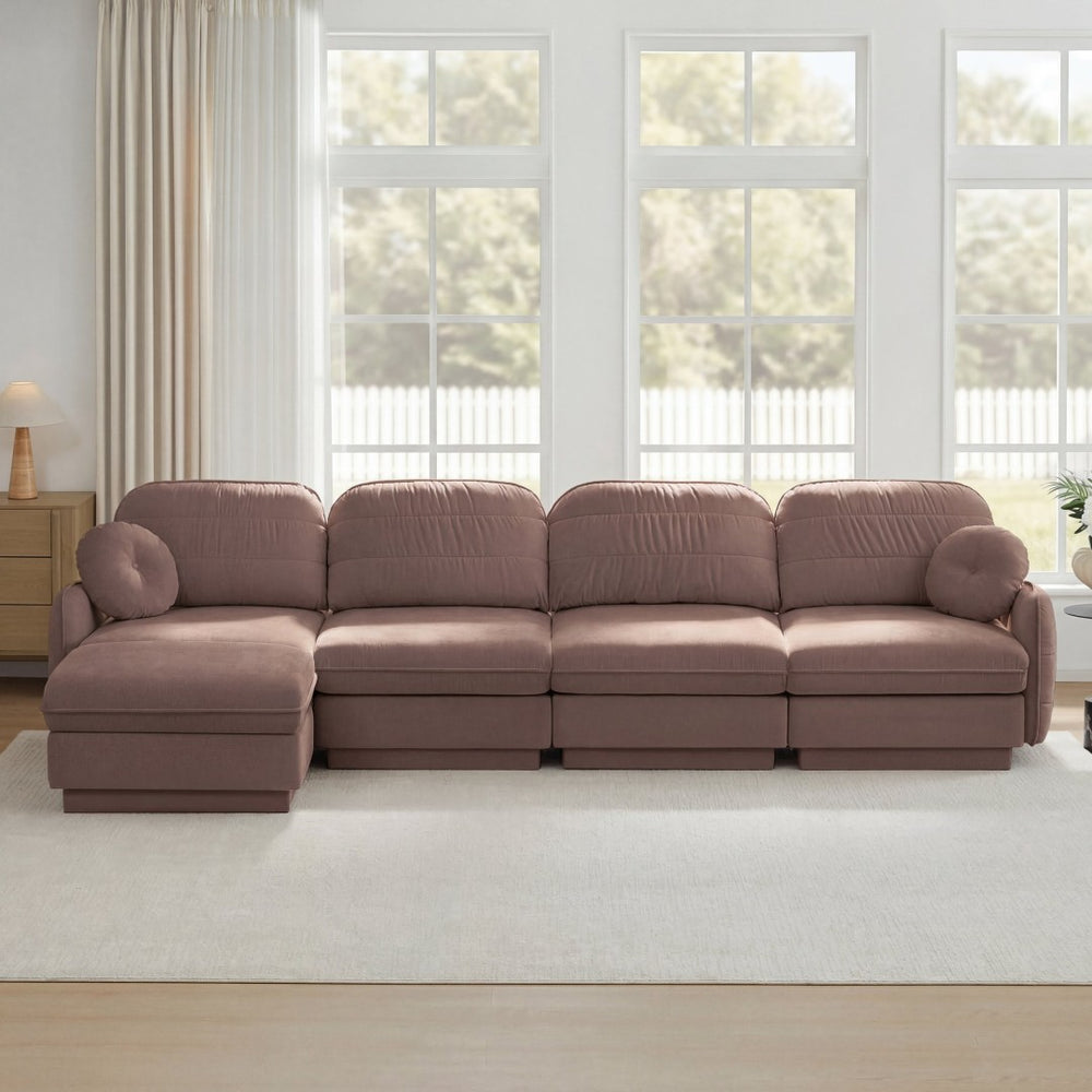 English Elm 137" Oversized Chenille Sectional Sofa with Movable Ottoman and Quilted Cushions Rose Dust W714S01781