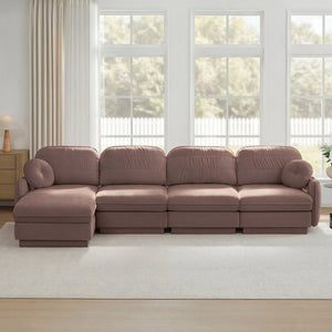 English Elm 137" Oversized Chenille Sectional Sofa with Movable Ottoman and Quilted Cushions Rose Dust W714S01781
