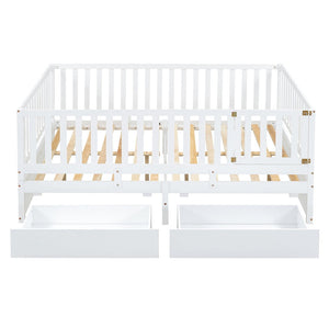 English Elm Full Size Pinewood Kids Daybed with Fence Rails Split Floor Bed and Storage Drawers White LP100882AAK