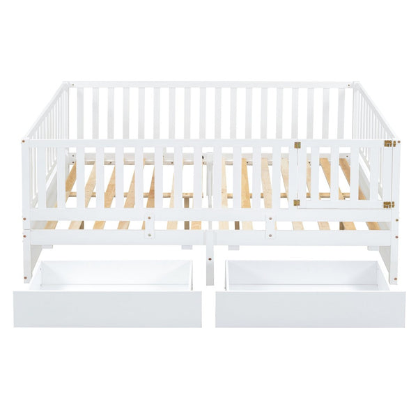 English Elm Full Size Pinewood Kids Daybed with Fence Rails Split Floor Bed and Storage Drawers White LP100882AAK