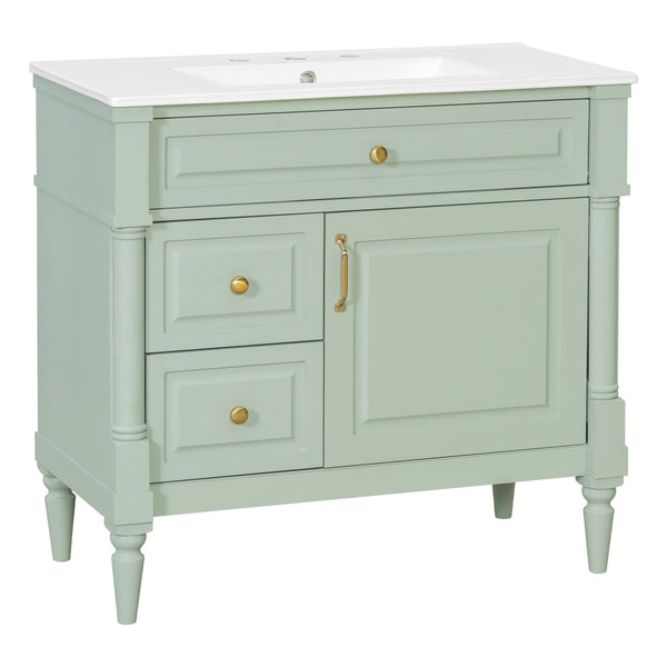 English Elm 36" Freestanding Bathroom Vanity With Stylish Ceramic Basin, Smart Storage & Elegant Green Finish N725P356064F
