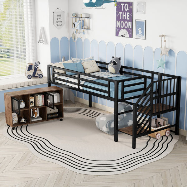 English Elm Twin Metal Loft Bed with Stairs and Six Storage Cubbies, Sturdy Metal Slat Support, Safe Low Design for Kids Black 75.2 L x 17.72 W x 9.45 H W2593P305749