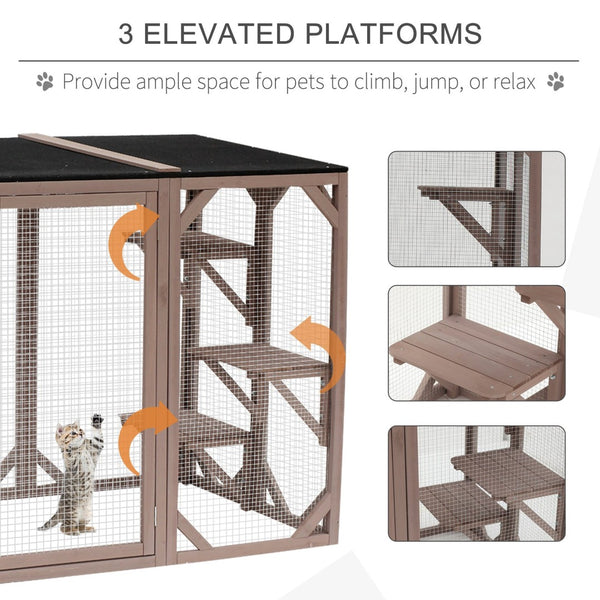 English Elm Pawhut Wooden Outdoor Catio Enclosure with Mesh Walls Climbing Platforms Asphalt Roof W2225P173771