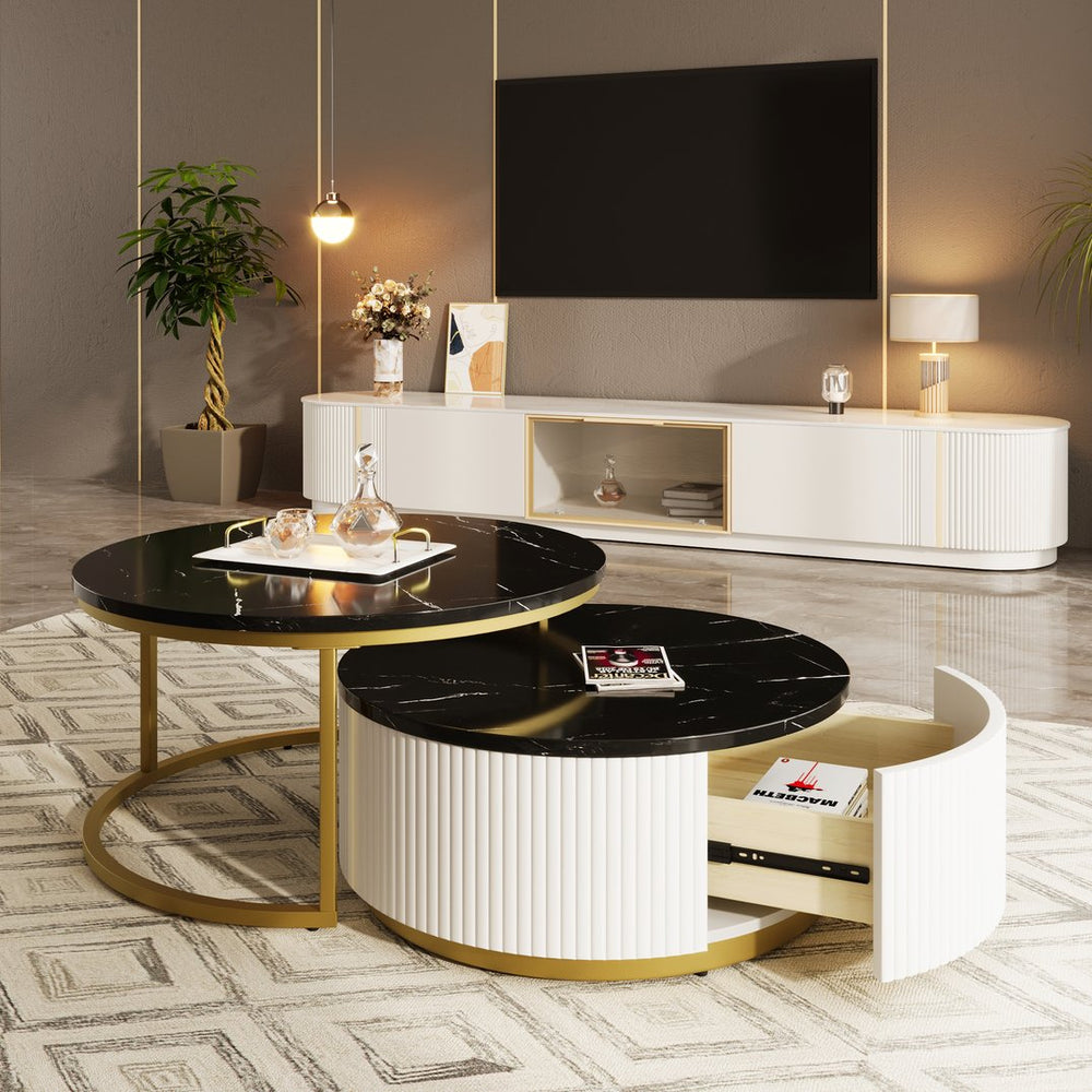 English Elm Modern Round Nesting Coffee Table Set with Fluted MDF Top, Hidden Drawer & Gold Pedestal Bases Enhances Style Golden Black CH325939AAB