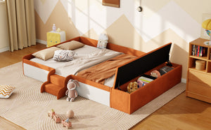 English Elm Full Size Kids Velvet Platform Daybed with Storage Ottoman Staircase Padded Rails Brown+White SF000202AAD