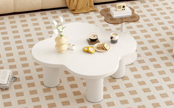 English Elm VIBE Petal-Shaped Modern Coffee Table Set of 2 with Roman Column Legs, Glass Top, Safe Rounded Corners SJ000135AAK