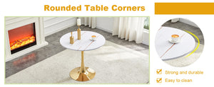 English Elm Round Faux Marble Tulip Pedestal Dining Table Mid Century Modern for Small Bistro Spaces Gold+White W2920P400992