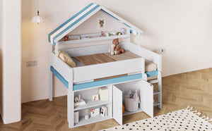 English Elm Full Size Pine Loft Bed with House Canopy Roof Built in Shelves and Storage Cabinet N7090005012C