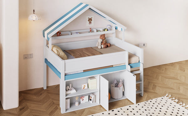 English Elm Full Size Pine Loft Bed with House Canopy Roof Built in Shelves and Storage Cabinet N7090005012C
