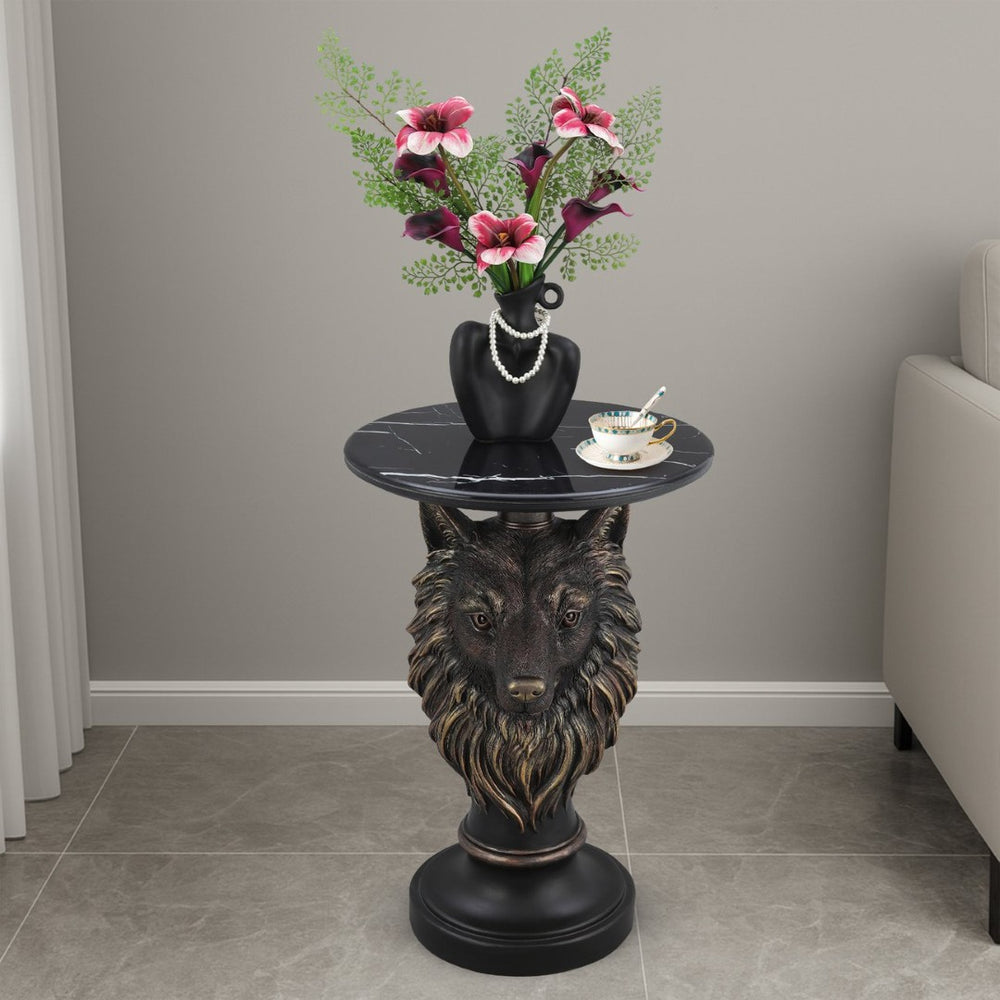 English Elm Horse Head Sculpted Resin End Table with Faux Marble Top for Bold Living Rooms W5398P454681