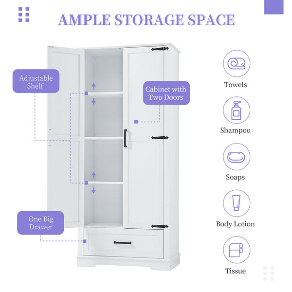 English Elm Tall Bathroom Storage Cabinet — Slim 72.64" White MDF Organizer with 2 Doors, Drawer, Adjustable Shelves, Anti-Tip WF326355AAK