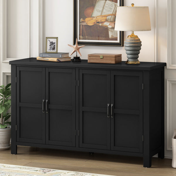 English Elm U_STYLE Mid-Century 4-Door Storage Sideboard with Adjustable Shelves, Retro Handles, Sturdy Pine Legs Black N711P218615B