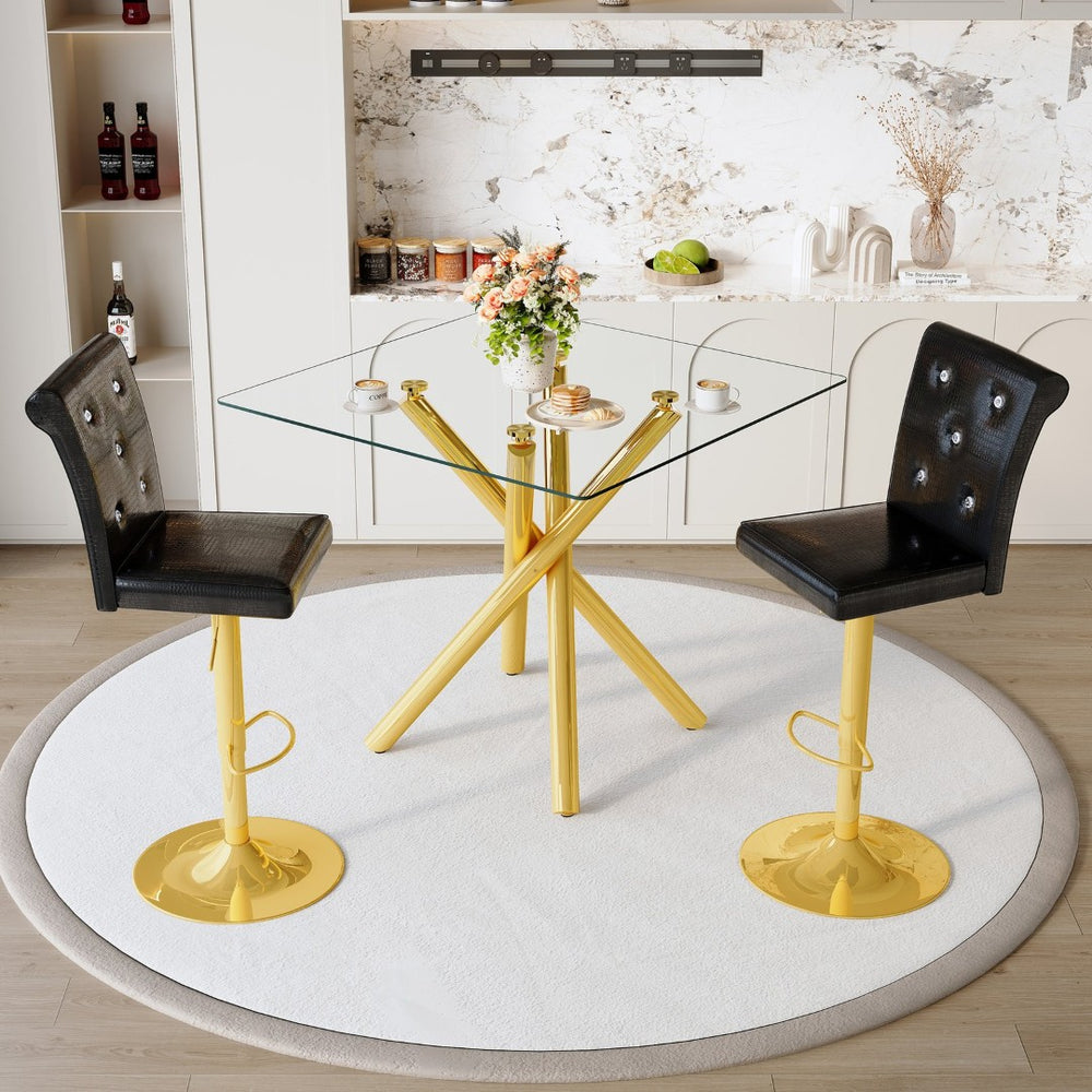 English Elm Modern Tempered Glass Pub Table Set with Gold Chrome Base and Swivel Pu Leather Stools W3875S00037