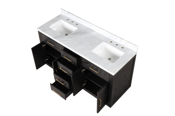 English Elm Black Oak Double Bath Vanity With Carrara Marble Top - Elegant 60” W X 22” D, Fully Assembled Quality B2731P260834