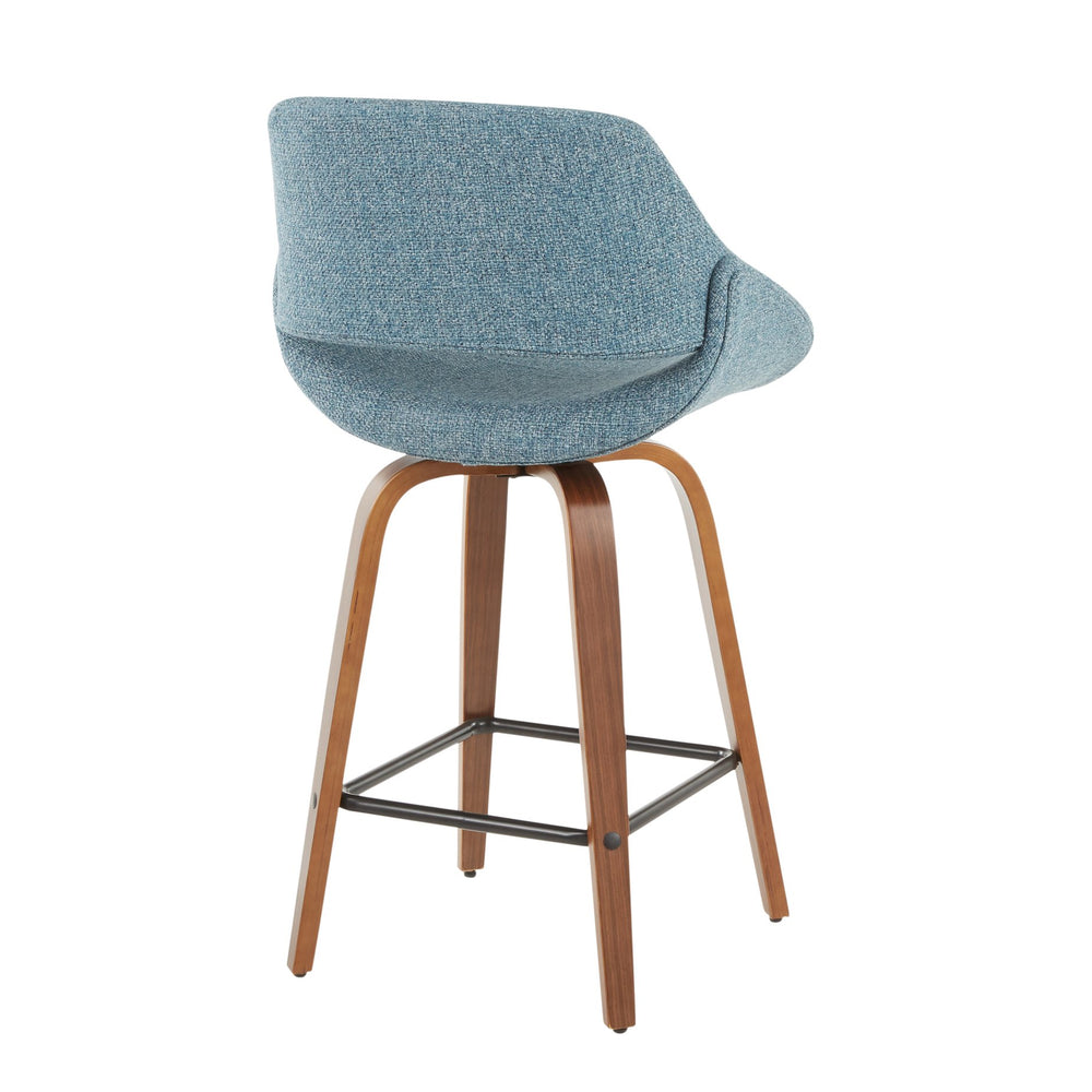 English Elm Fabrico Mid-Century Counter Stool Set of 2 — Walnut Swivel Legs, Padded Contoured Seat & Square Footrest Blue B202S00244