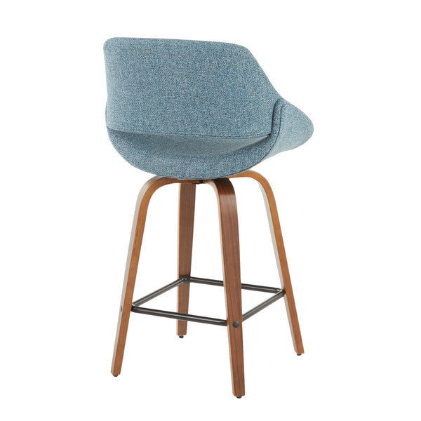 English Elm Fabrico Mid-Century Counter Stool Set of 2 — Walnut Swivel Legs, Padded Contoured Seat & Square Footrest Blue B202S00244