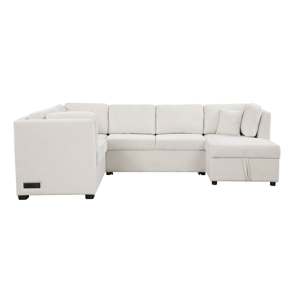 English Elm 108.6" U-Shaped Sectional Sofa Bed with Storage Chaise, USB & Power Ports, Beige Chenille Comfort N719S001410A