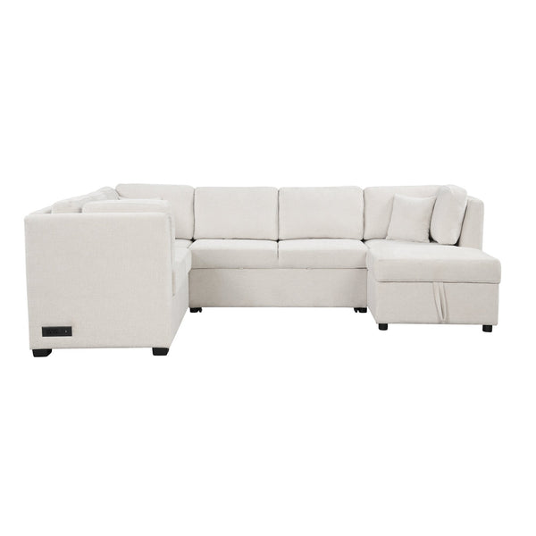 English Elm 108.6" U-Shaped Sectional Sofa Bed with Storage Chaise, USB & Power Ports, Beige Chenille Comfort N719S001410A