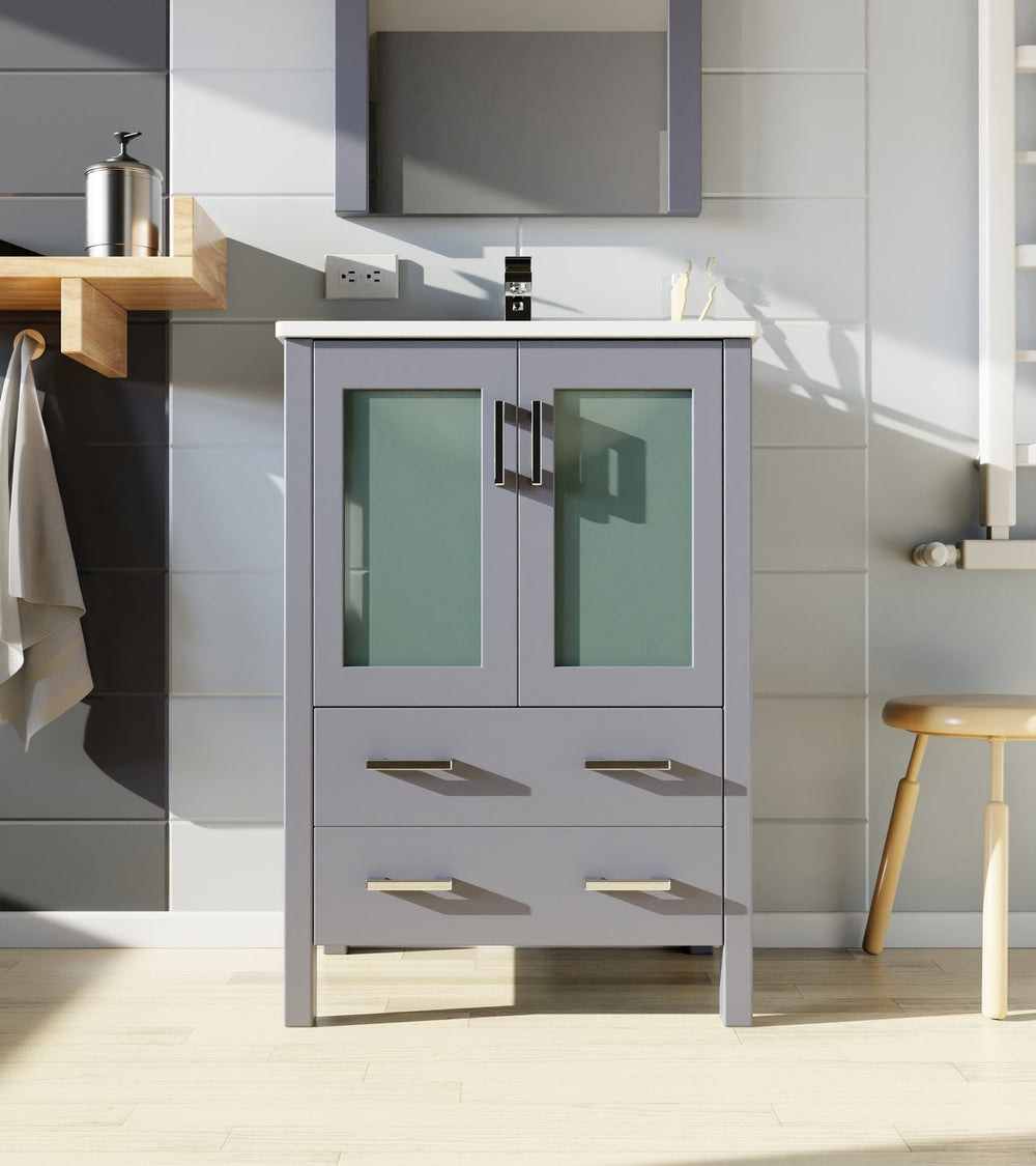 English Elm Dark Grey Bath Vanity With White Ceramic Top & Chrome Faucet Set – Modern & Compact Storage Solution B2731P260507