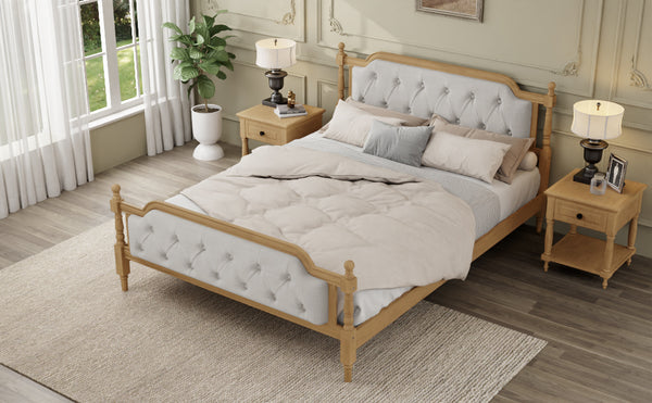 English Elm Traditional Solid Wood Bed Frame with Tufted Upholstered Headboard, No Box Spring Needed, Sturdy Support Walnut 83.1 L x 15.5 W x 5.1 H BS701P242647N